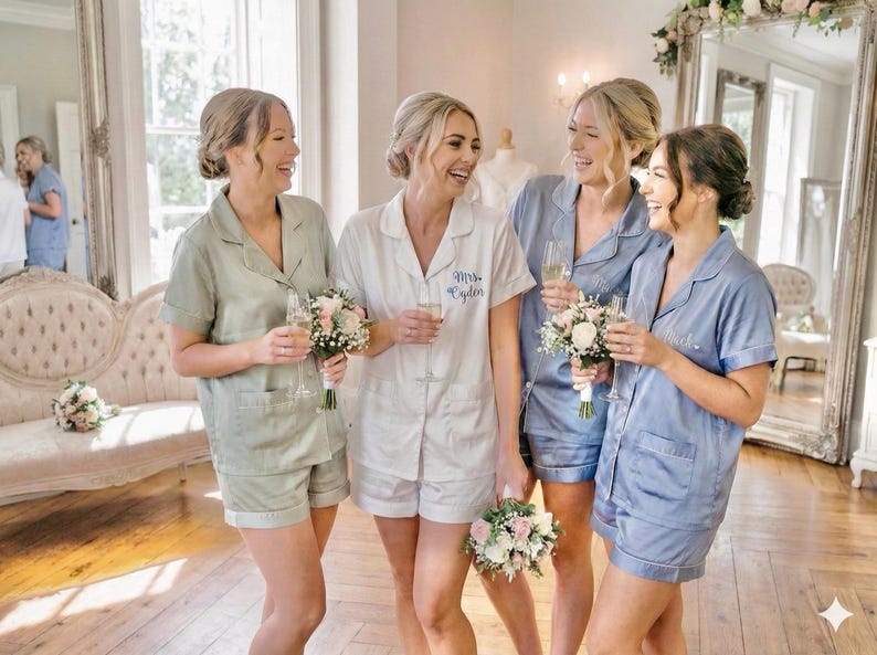 May include: Four individuals wearing matching button-down pajama sets with short sleeves and shorts. One set is sage green, one is white with the embroidered text Mrs. Cydor, and two are dusty blue. Each person holds a small floral bouquet and a glass.