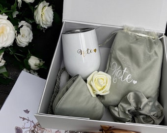 Unique Birthday Gift Box, Gift Box Set With Satin Pajama Wine Cup, Friendship Gift Box, Holiday Basket for Her