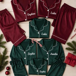 Matching Family Christmas Pajamas – Custom Name Satin PJs | Personalized Holiday Sleepwear for Mom, Dad & Kids | Xmas Gift Set