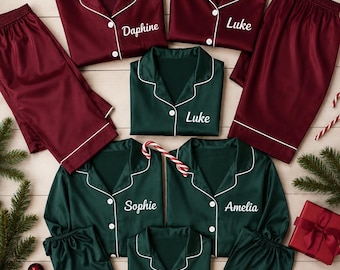 Matching Family Christmas Pajamas – Custom Name Satin PJs | Personalized Holiday Sleepwear for Mom, Dad & Kids | Xmas Gift Set
