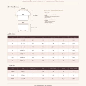May include: A size guide chart for personalized satin pajama sets by Lavishrobes. The document includes diagrams showing how to measure shoulder, bust, top length, waist, and shorts length, with tables listing measurements in inches for adults and kids.