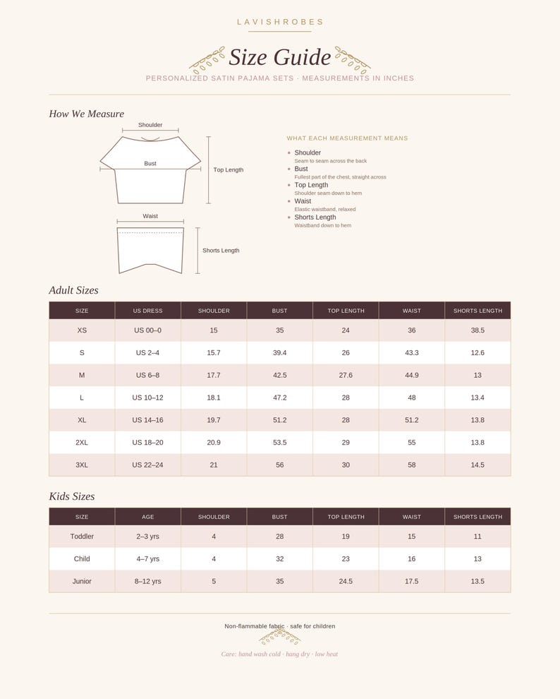 May include: A size guide chart for personalized satin pajama sets by Lavishrobes. The document includes diagrams showing how to measure shoulder, bust, top length, waist, and shorts length, with tables listing measurements in inches for adults and kids.