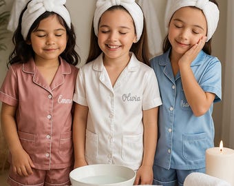Custom Name Kids Satin Pajamas – Personalized Birthday PJs | Non-Flammable Polyester Sleepwear | Birthday Gift for Girls