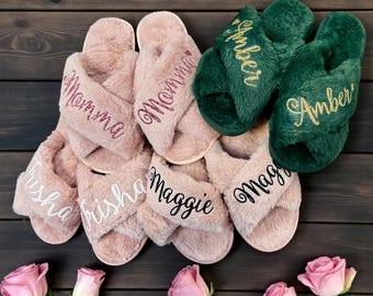 Custom Name Fluffy Slippers Personalized Slippers for Women Bridesmaid Gift Wedding Party Gift Cozy Slippers Gift for Her Christmas Gift