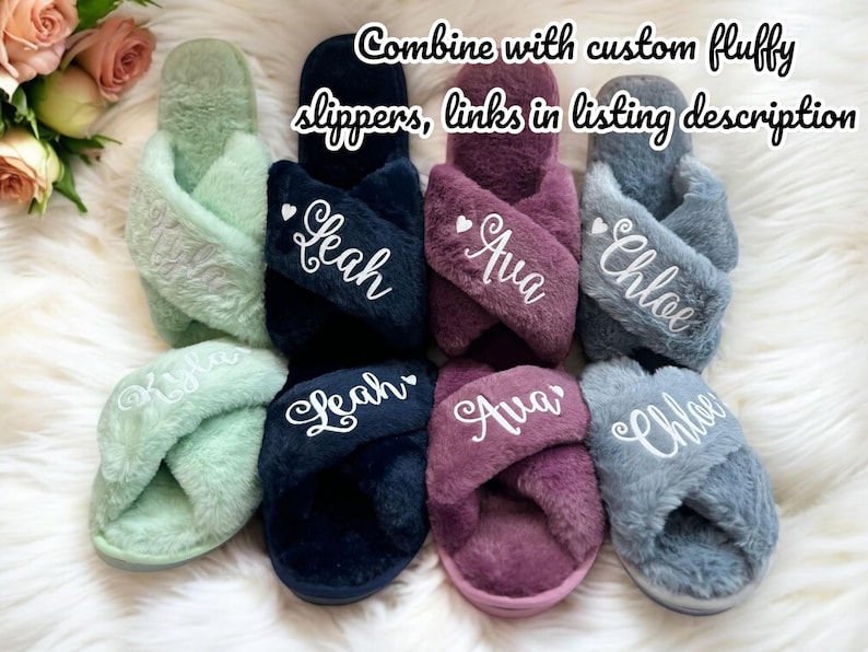 May include: Four pairs of fluffy open-toe slippers in mint green, navy blue, plum, and grey. Each pair features a crisscross strap design with white embroidered names: Kyla, Leah, Ava, and Chloe. Text reads: Combine with custom fluffy slippers, links in listing description.
