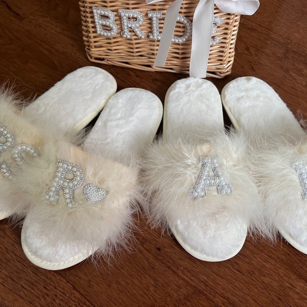 Bride Pearl Fluffy Slippers | Custom Bridesmaid Gifts |Pearl Fluffy Slippers | Bridal Shower Gift | Gift for Bride
