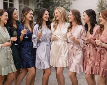 Bridesmaid Satin Ruffle Robe, Personalized Bridal Party Robes, Wedding Getting Ready Robe, Bride Maid of Honor Gift