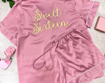 Sweet Sixteen Pajamas, Silky Satin Pajamas, Monogram Pjs, Shorts Pj Set,  Bridal Pajamas Set, Birthday Squad, Matching Pajamas