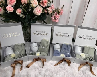 Sage Green Bridesmaid Proposal Gift Box, Green Maid of Honor Gift with Pajamas, Tumbler & Scrunchies, Bridesmaid Gift Set From the Bride