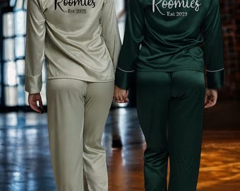 Personalized Satin Pajamas Set – Long Sleeve & Pants | Custom Name Dorm Pajamas | Christmas Gift for College Roommate, Best Friend,  Sister