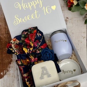 Sweet Sixteen Gift, Sweet 16 Birthday Gift, Sweet 16 Gift Box, Gift for 16th Birthday, Gift for 16 year Old Girl, Satin Robe, Jewelry Box