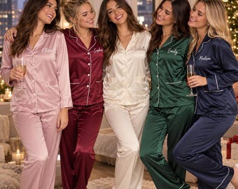 Custom Satin Pajamas Set, Long Sleeve Bridesmaid Pajamas, Personalized Wedding Pajamas, Bridal Party Getting Ready PJs