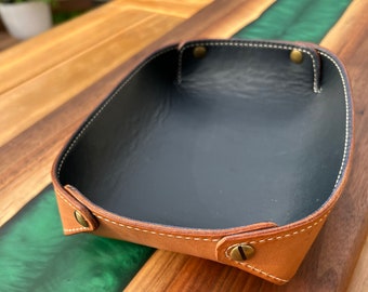 Lined Blue & Brown Leather Valet Tray