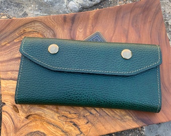 Green Clutch Wallet with Brown Bridle interior