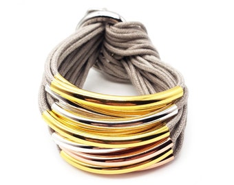 Grey Trio-Colour 16 Bar Bracelet, Tube Bracelets, Handmade Bracelets, Waxed Cotton Bracelets, Cord Bracelets for Women, Layered Bracelet