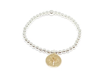Beaded Silver Bracelet with Gold Tree of Life charm, gifts for her, handmade bracelet