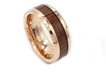 Tungsten Carbide Rose Gold & Wood Inlay, Mens Ring, Women's Ring Unique Engagement Ring, Wedding Band Ring