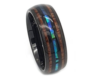 Tungsten Carbide 6mm- 8mm Abalone and Koa Wood Mens Ring /Women's  Ring, Mens Wedding Band, Unique Engagement Ring