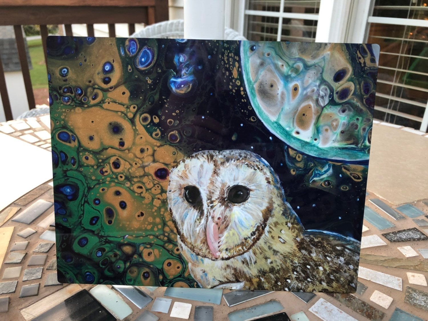 Cosmic barn owl print on aluminum