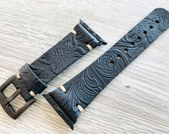 Apple watch band, Series 8 7 6 5 4 3 2 1 SE, 45-44-42mm, 41-40-38mm, Leather watch band, iWatch band, Apple watch leather band, Black Flower