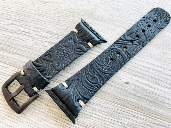Apple Watch Band, Leather Band, Series 11-1, SE, ULTRA, 49-46-45-44-42-41-40-38mm, iWatch Bands - Black Flower -