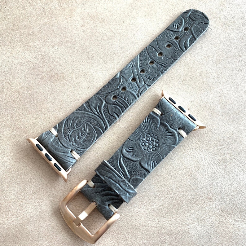 Gray Flower Apple watch band, Series 1 2 3 4 5 6 7 SE, 42-44-45 mm, 38-40-41 mm, Leather watch band, iWatch band, Apple watch leather band 