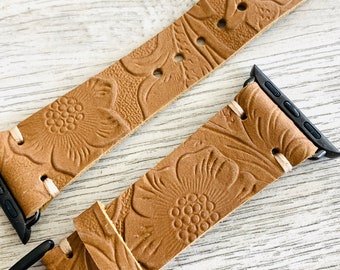 Apple watch band, iWatch band, Series 1 2 3 4 5 6 7 SE, 38mm, 40 mm, 41 mm, 42 mm, 44 mm, 45 mm Leather Apple watch band - K Flower -