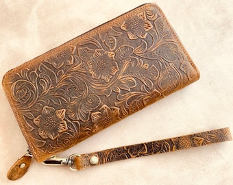 Leather wallet, Women's Wallets organizer, Long, Zipper, Wristlet | Flower Wallet |