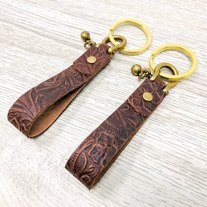Leather Keychain, Key Fob, Women Key Chain & Keychain for Men, Gold Keychain | Flower Keychain | Brown Color