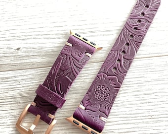 Apple Watch Band, Leather Watch Bands, Series 11 - 1, SE, ULTRA, 49-46-45-44-42-41-40-38mm - Purple Flower