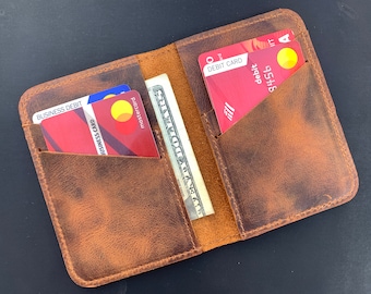 Cartera minimalista de cuero, cartera plegable de cuero, cartera delgada, cartera personalizada de cuero