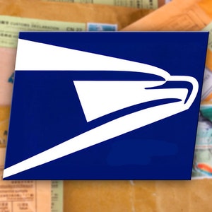 May include: A close-up of the United States Postal Service logo, a white eagle on a blue background, with a stack of brown envelopes in the background.