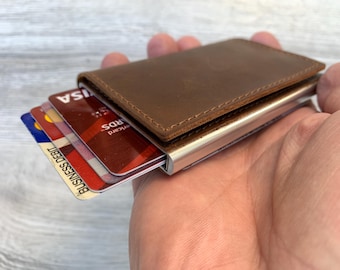 Minimalist Leather Wallet, Personalized Pop Up Credit Card Holder, Handmade Wallet, Slim Wallets, Custom Engraved Gift, Men, Women