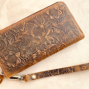 Cartera de piel, Organizador de carteras para mujer, Cartera de mujer, Cartera larga, Cartera de piel, Cartera con cremallera, Cartera de pulsera / Cartera de flores /