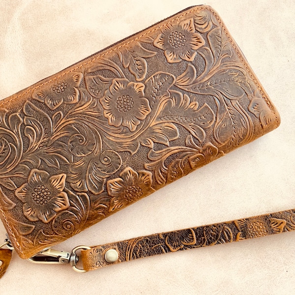 Leather wallet, Women's Wallets organizer, Long, Zipper, Wristlet | Flower Wallet |