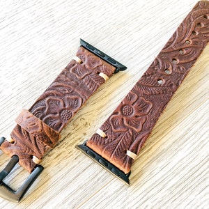 Apple watch band, Leather Watch Band, iWatch Band, Apple Watch Leather Band, Series 9-1 & SE, 49-45-44-42, 41-40-38mm - Flower -Brown Color