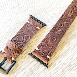 Apple watch band, Leather Watch Band, iWatch Band, Apple Watch Leather Band, Series 9-1 & SE, 49-45-44-42, 41-40-38mm - Flower -Brown Color