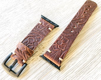 Apple watch band, Leather Watch Band, iWatch Band, Apple Watch Leather Band, Series 9-1 & SE, 49-45-44-42, 41-40-38mm - Flower -Brown Color