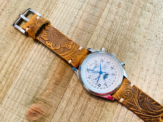 Bracelet De Montre En Cuir Véritable Fait Main - Largeur 18mm Boucle Ardillon Noir | Unisexe