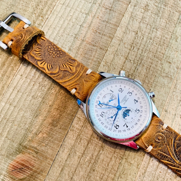 Leather watch strap | Handmade Bands | 18 mm, 20 mm, 22mm, 24mm | B Flower - Brown Color -