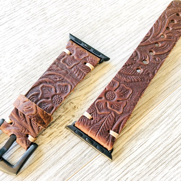 Apple watch band Series 9 - 1,SE, 49-45-44-42mm, 41-40-38mm, Leather watch band, iWatch band, Apple watch leather band - Flower -Brown Color