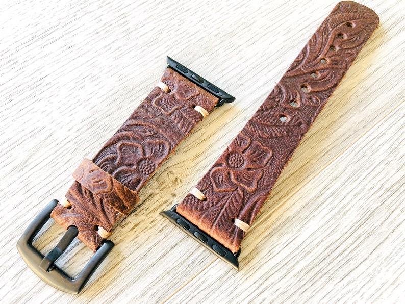 Apple watch band Series 8 - 1 & SE, 45-44-42mm, 41-40-38mm, Leather watch band, iWatch band, Apple watch leather band - Flower -Brown Color 