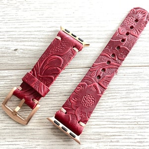 Apple Watch Band, Leather Watch Band, iWatch Band, Watch Leather Band, Series 5 6 7 8 9 10, ULTRA 2-1 42-44-45-46-49,38-40-41 mm, Red Flower