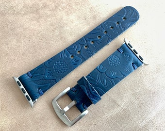 Leather Watch Band, iWatch Band, Apple Watch Band Leather Apple Watch Band Series 1 2 3 4 5 6 7 8 9 SE, 42-44-45-49-38-40-41 mm, Blue Flower