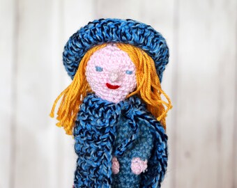 Fingerpuppe Frau in Blau, Puppenspiel, Spielzeug, Handarbeit,