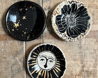 Ceramic Ring Catch-all Dishes with Gold Luster, Flower, Sun, Starry Night