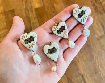 Porcelain Olive & Freshwater Pearl Charms - On Velvet Ribbon Necklace