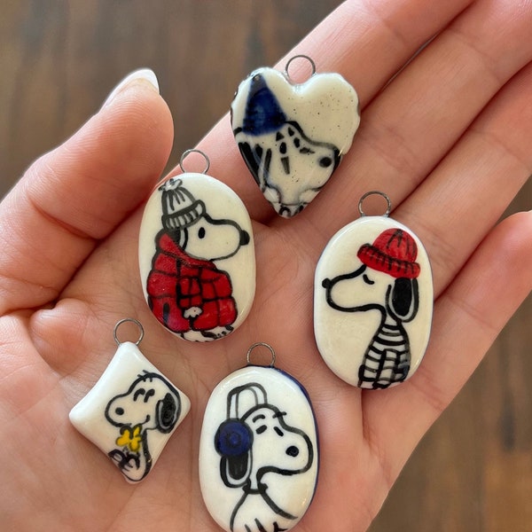 Porcelain Peanuts Necklace Charms- Velvet Necklace with choice of Handpainted Pendant, Snoopy