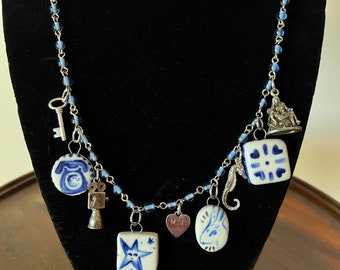 Handmade Porcelain and Vintage Charms on Blue Rosary Bead Necklace, Luck Talismans, Vintage Sterling Charms, Blue and White Pottery