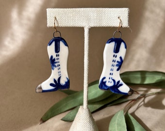 Hand Painted  Ceramic Cowboy Boot Western Earrings, Porcelain Jewelry, Sgraffito
